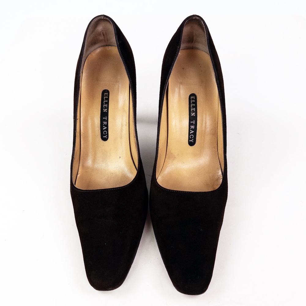 90's Dk Brown Suede Italian Minimalist Pumps Square Toe Heels Ellen Tracy Sz 8.5 - Picture 3 of 8